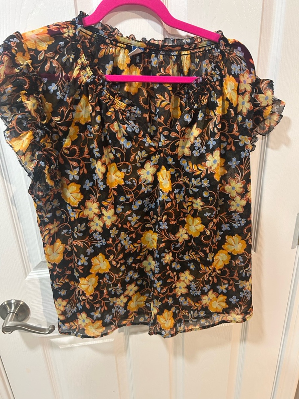 Old Navy Black Sheer Floral Ruffle Sleeve Blouse - Yellow & Light Blue